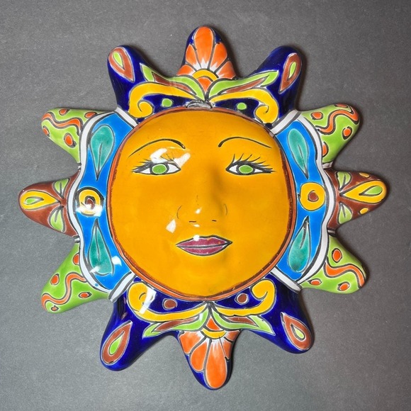 Hand Painted Mexico Folk Art Sun Face Ceramic Talavera Wall Hanging 12x12 Signed